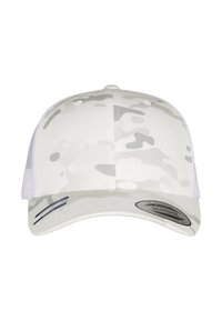Casquette snapback blanche, ornée d'un motif camouflage gris clair. L'avant est en tissu, avec des panneaux en maille sur les côtés et à l'arrière.