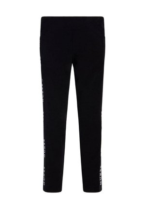Leggings noirs avec une texture lisse, un design ajusté et une inscription blanche contrastante le long des coutures latérales.