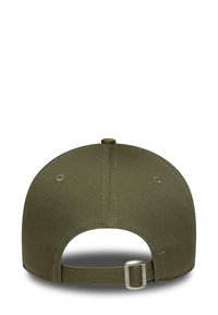Green baseball cap with a structured crown, fabric texture, and adjustable metal buckle at the back. Five ventilation eyelets visible.