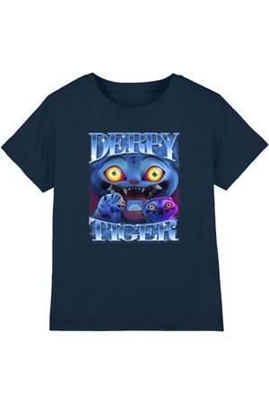 Navy blue shirt with three cartoonish tiger faces, one large with glowing yellow eyes, text "DERPY TIGER" in icy blue font above and below.