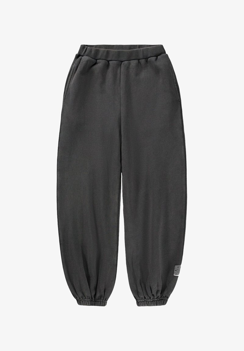 Grå, strikkede joggingbukser med elastisk talje og manchetter, med sidelommer og en lille logoetiket på venstre side.