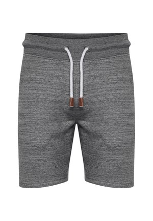 Shorts grigi in misto cotone con finitura texturizzata, vita elastica e cordoncino bianco a contrasto con dettagli in pelle marrone.