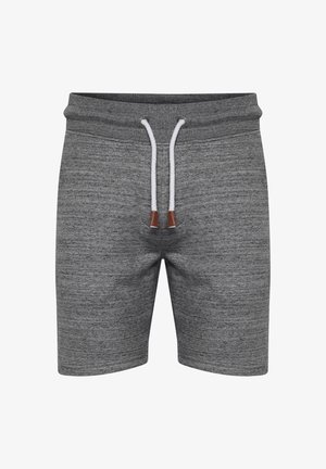 Hallitusseente kasukaga hall puuvillasegu lühikesed püksid, elastne vöökoht ja kontrastne valge pael pruunide nahkdetailidega.