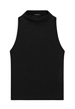 Black sleeveless top with a high mock neck, made of ribbed material. Features a fitted design with a smooth texture.