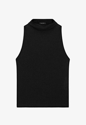 Sort ærmeløs top med høj krave, lavet af ribbet materiale. Har et tætsiddende design med en glat tekstur.