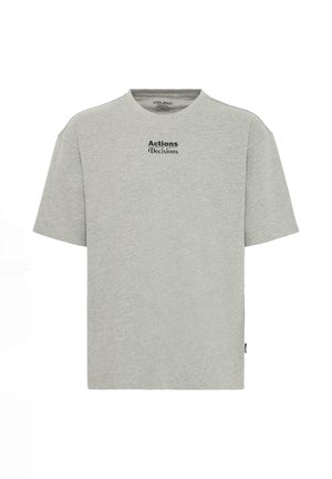 Light grey short-sleeve T-shirt made of soft cotton blend. Features black text "Actions" and "Decisions" printed across the chest.