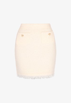 Krémová mini sukně z tkané tweed látky s tkanou strukturou, třepivým lemem, dvěma předními kapsami a zlatými dekorativními akcenty.