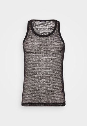 Débardeur noir en matière transparente avec un motif de logo "DSQUARED2" répété. Encolure arrondie et sans manches.