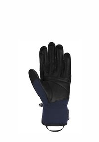 Zwarte leren handschoen met een marineblauwe stoffen boord. Kenmerken zijn onder meer een stevige pasvorm, een getextureerde palm en een verstelbare polsband voor een betere grip.