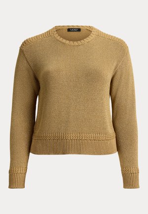 Sennepsgul strikket sweater med rund halsudskæring, lange ærmer, strukturerede detaljer ved skuldre og kant, samt ribbede manchetter og talje.