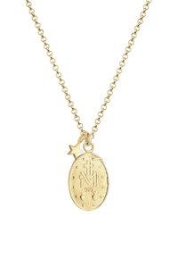 Guld halskæde med en oval vedhæng med et religiøst symbol og en lille stjerne charm, tekstureret overflade og kædedesign.