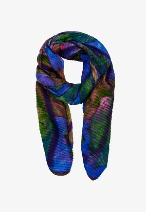 Écharpe colorée et légère présentant un design plissé avec des nuances variées de bleu, vert, violet et rose, créant un motif abstrait vibrant.