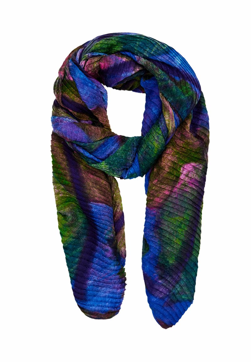 Bunter, leichter Schal mit einem plissierten Design in verschiedenen Blau-, Grün-, Lila- und Rosatönen, der ein lebendiges abstraktes Muster erzeugt.