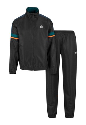 Schwarz Trainingsanzug mit einer Jacke mit Reißverschluss und Hose. Mit farblich unterteilten Streifen in Türkis und Orange. Glattes, leichtes Material mit elastischen Bündchen.