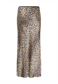 Midikleid mit Leopardenmuster aus glattem Material. Verfügt über eine leicht ausgestellte Form und einen elastischen Bund mit schwarzem Rand.