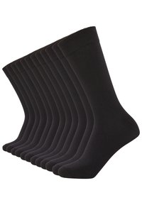 Black cotton socks, featuring a solid pattern, crew length, smooth texture, and ribbed cuffs. Pack of ten with reinforced heels and toes.