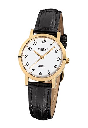 Montre-bracelet Regent avec cadre doré, cadran blanc, chiffres arabes noirs, aiguilles dorées et bracelet en cuir noir.