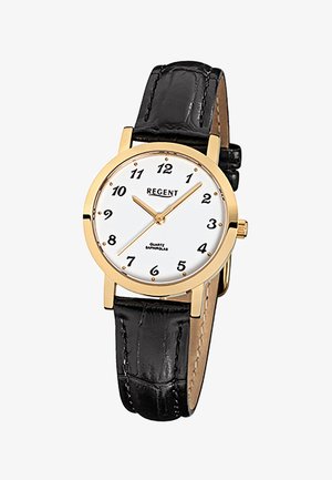 Montre-bracelet Regent avec cadre doré, cadran blanc, chiffres arabes noirs, aiguilles dorées et bracelet en cuir noir.