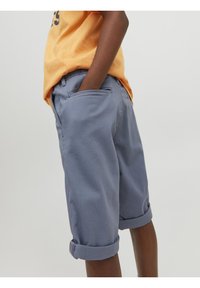 Lichtblauwe katoenen shorts met opgerolde mouwen en zijzakken, met een gladde textuur en een casual pasvorm.