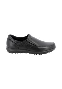 Scarpa in pelle nera slip-on con punta arrotondata, pannelli laterali elasticizzati e superiore texturizzato. Presenta una suola in gomma con motivi di trazione.