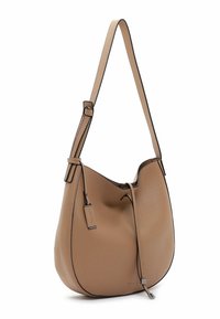 Torba typu hobo z jasnobrązowej skóry o fakturowanej powierzchni, luźnym kształcie, regulowanym pasku i zapięciu na sznurek. Posiada czarne obramowanie i metkę.