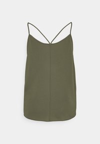 Oliwkowy, bezrękawnik z dekoltem w kształcie litery V, z cienkimi ramiączkami i prostym krojem. Gładka faktura bez widocznych wzorów.