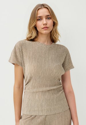Korte mouwen top in een gestructureerde, lichtbeige stof met verticale strepen en een ronde halslijn, met een aangesloten taille en een losse pasvorm.