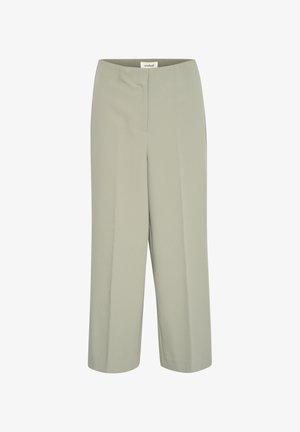 Gaiši zaļas plaša kāju bikses, izgatavotas no gludas auduma ar augstu jostasvietu, ar priekšējo krokām un minimālistisku dizainu.