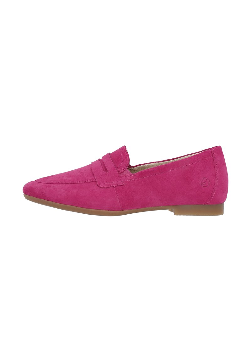Rosa Wildlederloafers mit spitzem Zeh, dekorativem Riemendetail, flacher Gummisohle und glatter Oberfläche. Die Seitenansicht zeigt das minimalistische Design.