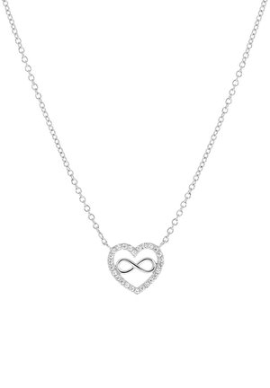 Zilveren ketting met een hartvormige hanger met een oneindigheidssymbool, versierd met helder stenen rond de randen.