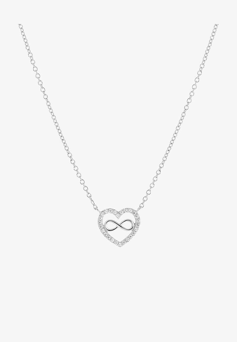 Zilveren ketting met een hartvormige hanger met een oneindigheidssymbool, versierd met helder stenen rond de randen.