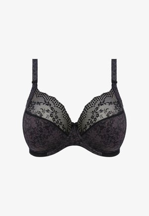 Mustat rintaliivit, joissa on kukkakuosi, pitsiyksityiskohtia kuppeissa, sileä pinta, tukevat löysät langat, säädettävät olkaimet ja hakasuljenta.