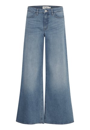 Jeans a gamba larga di un blu chiaro con vita alta, realizzati in denim. Presentano tasche frontali e cuciture a vista. Nessun segno di usura o motivi visibili.