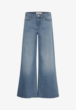 Light blue wide-leg jeans with a high waist, made from denim. Features front pockets and stitched seams. No visible distressing or patterns.