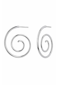 Pendientes en forma de espiral de plata con un acabado suave y brillante. Cada pendiente presenta un diseño en espiral distinto, que muestra formas elegantes y fluidas.