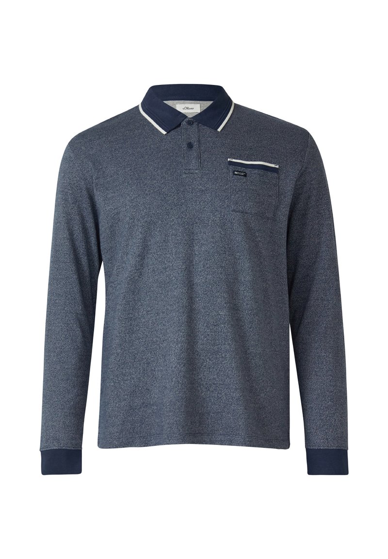 Herren-Poloshirt mit langen Ärmeln in Marineblau, aus strukturiertem Stoff, mit geknöpftem Kragen und Brusttasche mit kontrastierendem Besatz und kleinem Logo.