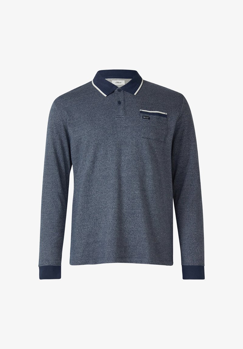 Herren-Poloshirt mit langen Ärmeln in Marineblau, aus strukturiertem Stoff, mit geknöpftem Kragen und Brusttasche mit kontrastierendem Besatz und kleinem Logo.