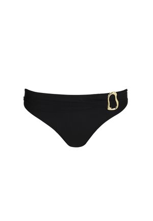 Bas de bikini noir avec côtés froncés et boucle métallique dorée de forme irrégulière sur la hanche droite.