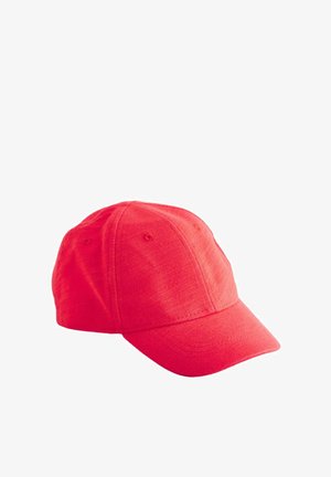 Cappellino da baseball in cotone rosso con visiera curva, design a sei pannelli, texture sottile e occhielli cuciti per la ventilazione.