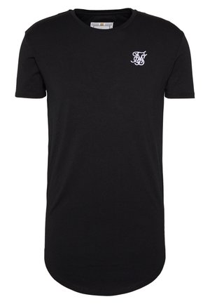 Sort T-shirt med crew neck og korte ærmer, med en lille hvid broderet logo på venstre bryst og en buet kant.