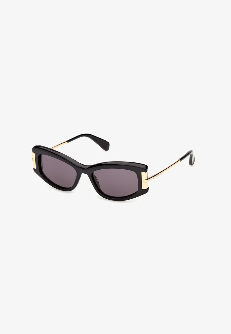 Black rectangular sunglasses with thick frames, dark lenses, and thin gold temples with black ear tips, shown on a white background.