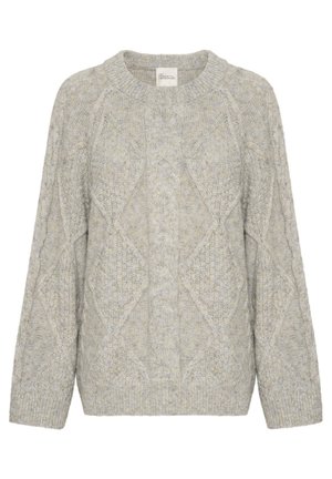 Lichtgrijze gebreide pullover met een getextureerd kabelpatroon, ronde halslijn en lange mouwen. Zachte, dikke garen met een gezellige uitstraling.