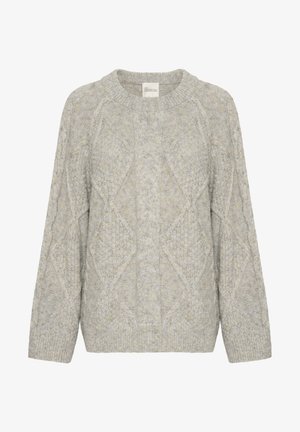 Lichtgrijze gebreide pullover met een getextureerd kabelpatroon, ronde halslijn en lange mouwen. Zachte, dikke garen met een gezellige uitstraling.
