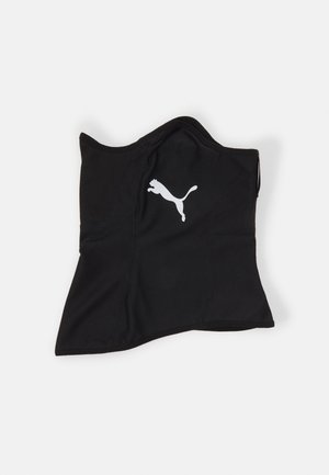 Gaiter nero per il collo realizzato in tessuto elasticizzato, con un logo bianco. Ha una vestibilità aderente e un design asimmetrico unico.