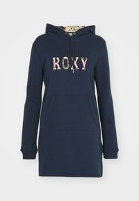 Mörkblå hoodies med huva och en stor "ROXY"-logga med blommönster, k änguruficka och ribbade muddar. Mjuk tygkänsla.