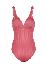 Maillot de bain une pièce côtelé en rose clair, présentant un décolleté en V profond et des bretelles spaghetti réglables pour un silhouette ajustée.