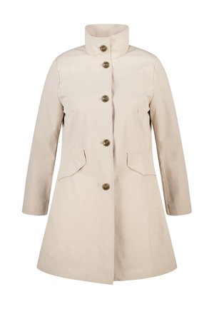 Beige knielange jas met opstaande kraag, vijf bruine knopen aan de voorkant, lange mouwen en twee schuine klepzakken ter hoogte van de taille.