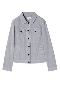 Jasnoniebieska i biała kurtka dżinsowa w paski. Posiada kołnierz, zapięcie na guziki z przodu, dwie kieszenie na piersi oraz długie rękawy. Miękka faktura.