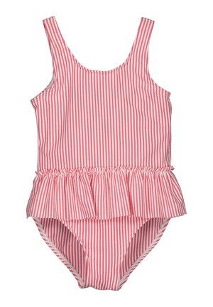 Czerwono-biały kostium kąpielowy w paski z falbaną w talii, z cienkimi ramiączkami i klasycznym krojem jednoczęściowym.
