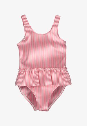 Rot-weißer gestreifter Badeanzug mit einem voluminösen Rüschensaum an der Taille, dünnen Trägern und einem klassischen Einteiler-Design.